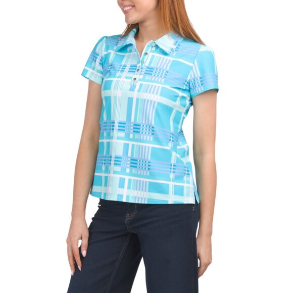 JUDE CONNALLY Aqua Blue Made In Usa Angelica Short Sleeve Collar Top